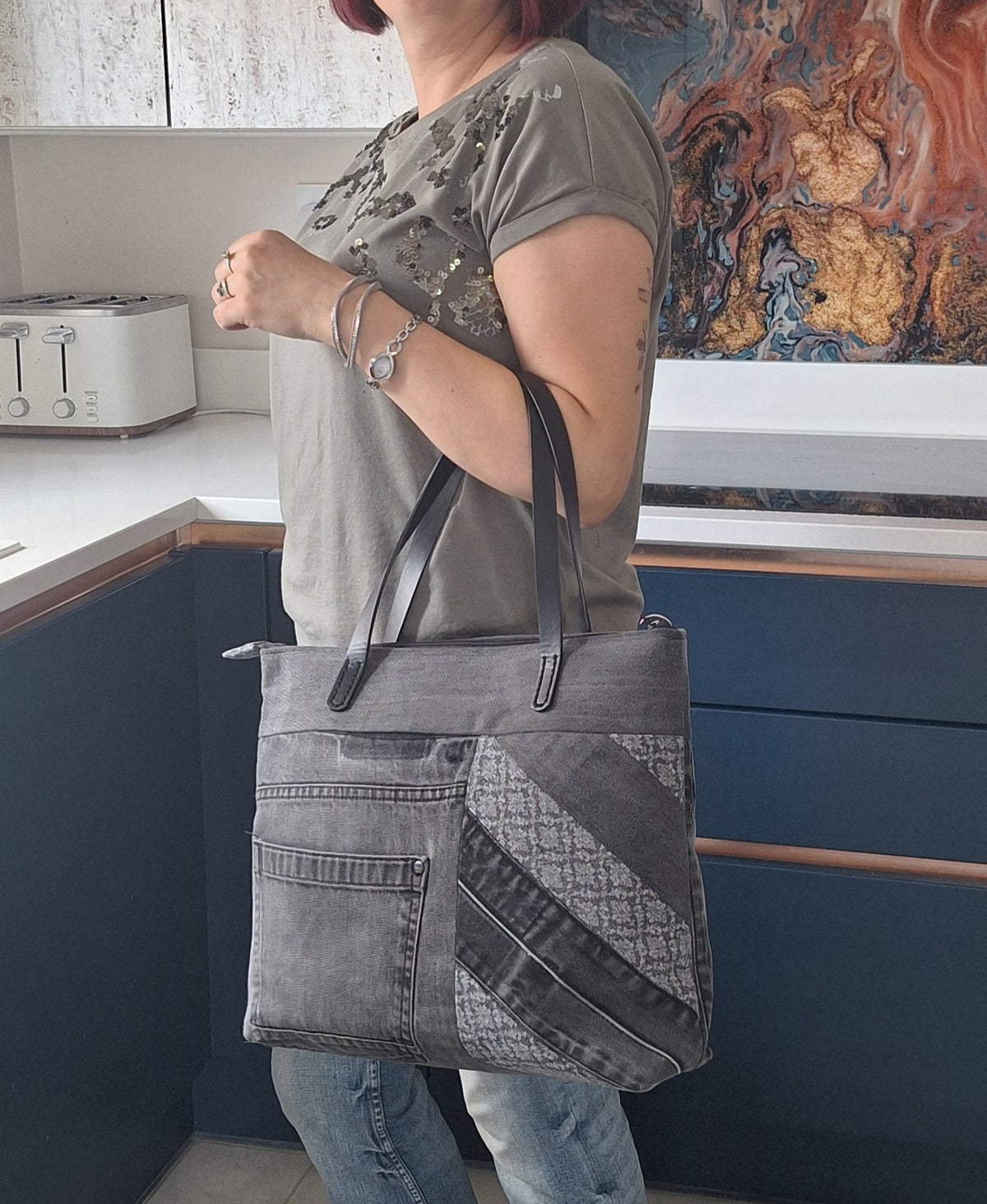 Grey denim zip top tote