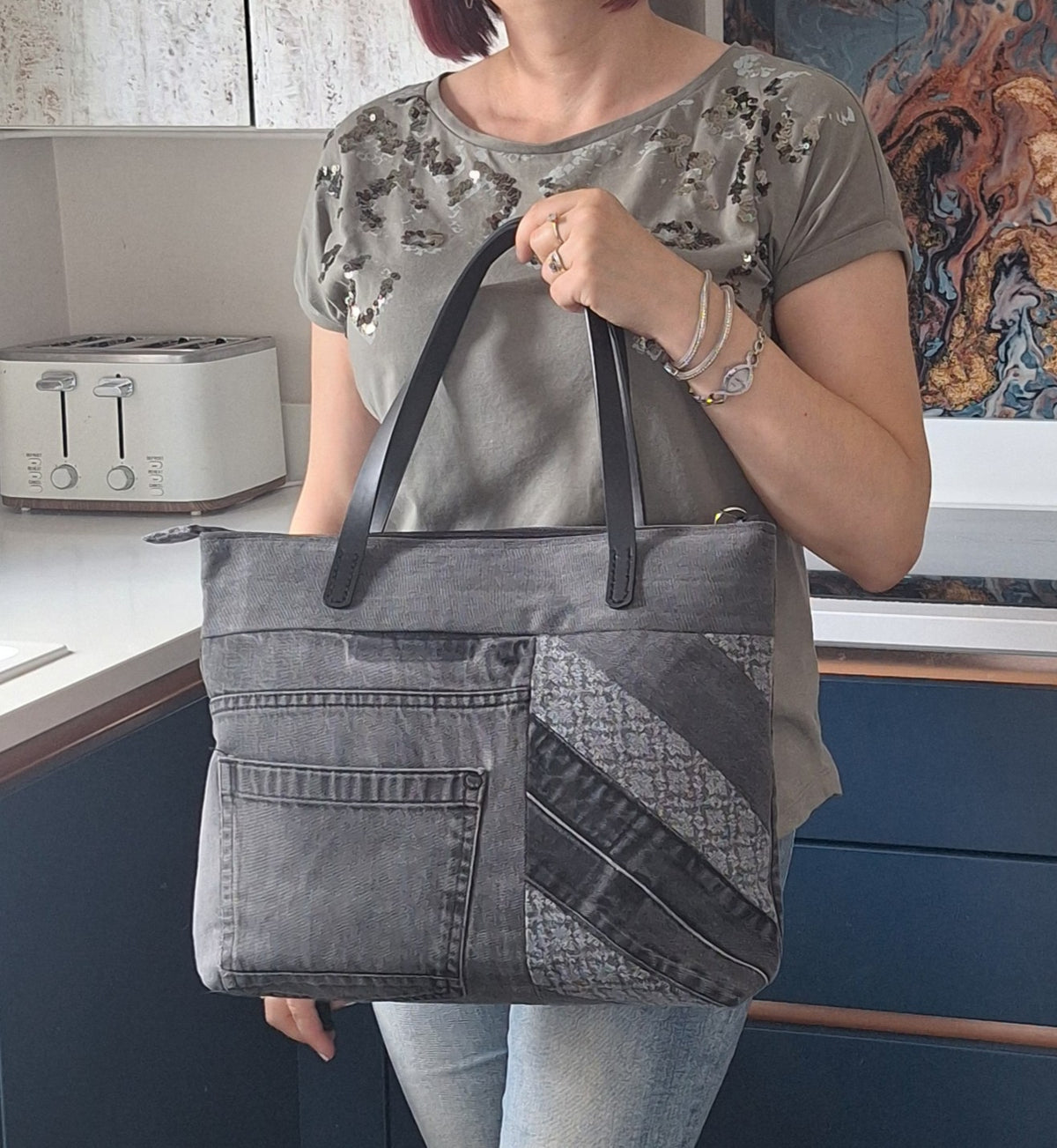 Grey denim zip top tote
