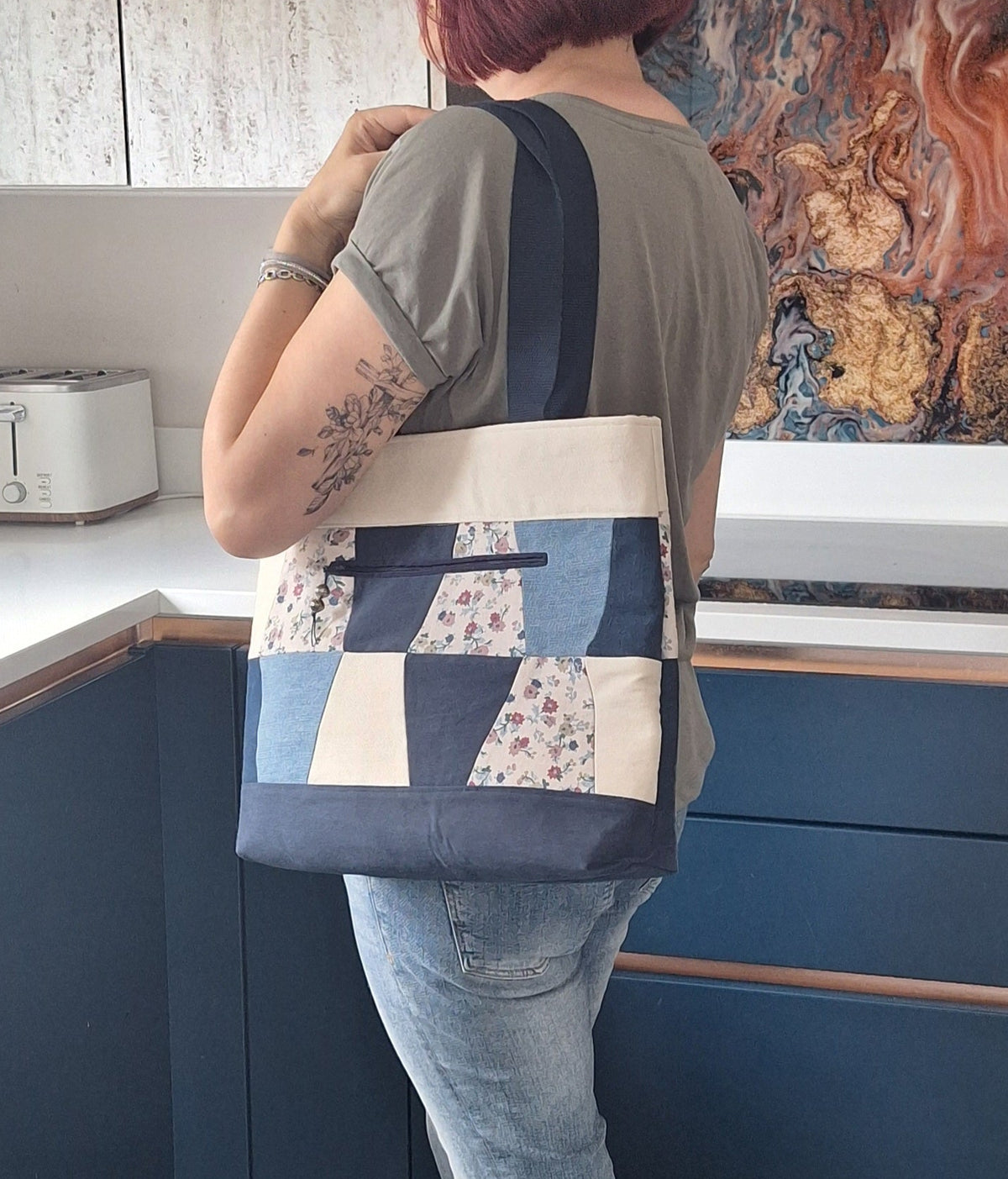 Patchwork denim tote with floral print