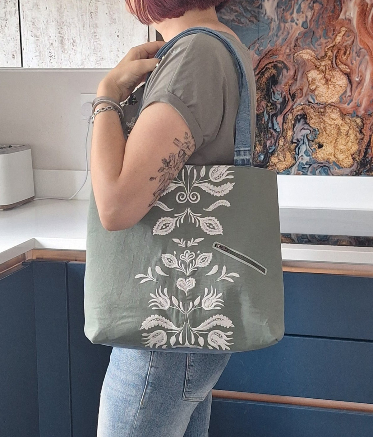 Green & blue embroidered denim tote bag