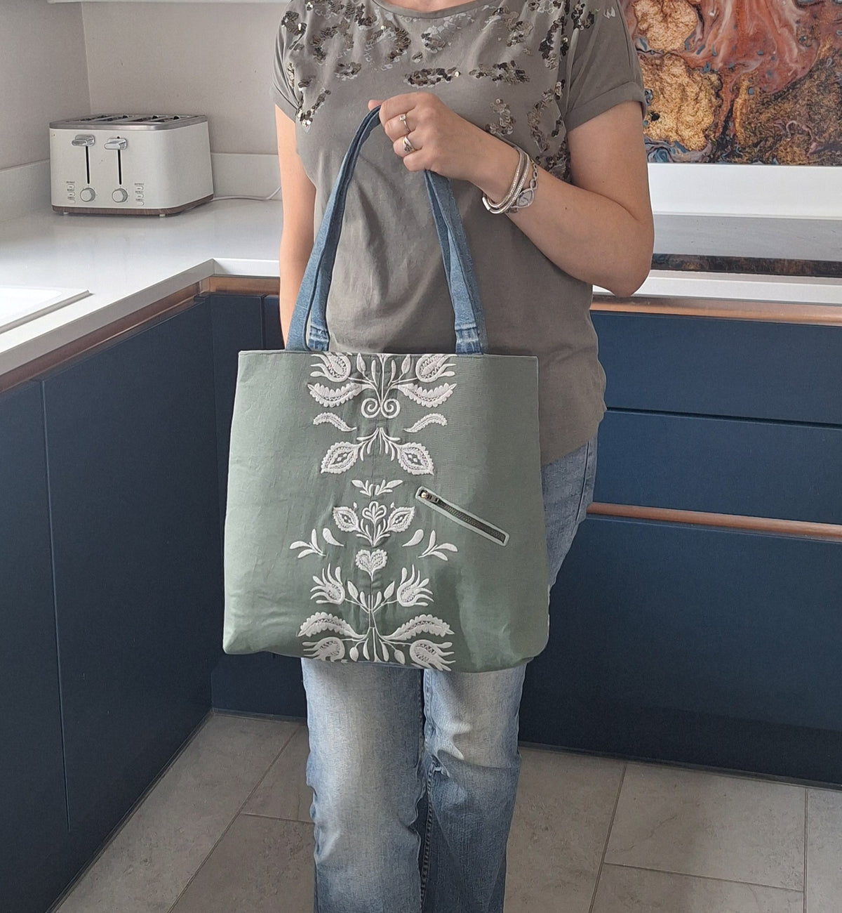 Green & blue embroidered denim tote bag