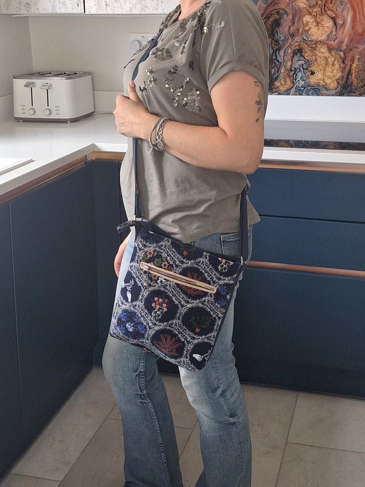 Upcycled Denim and Velvet Handbag