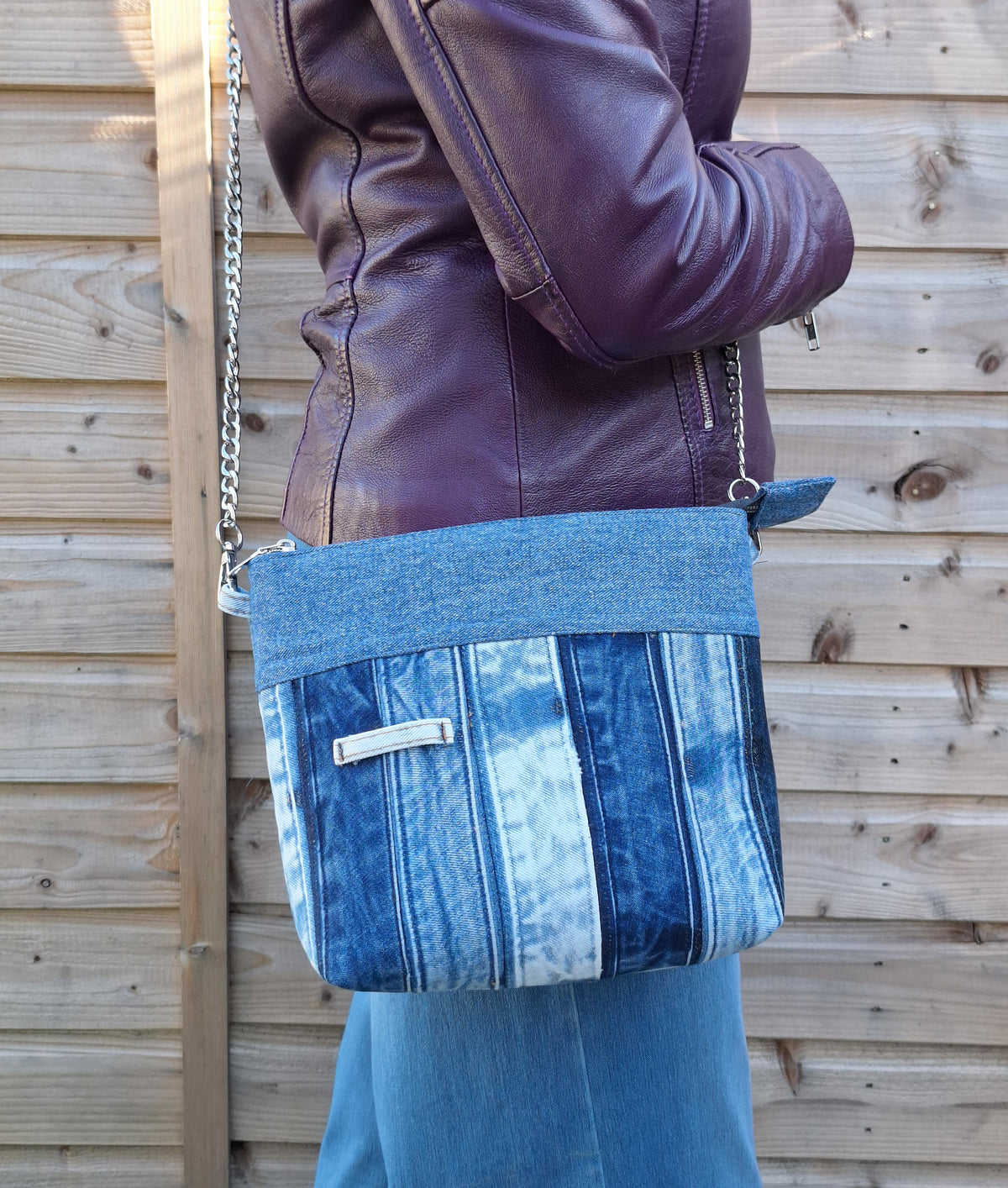 The Chain Strap: blue denim with yellow floral lining