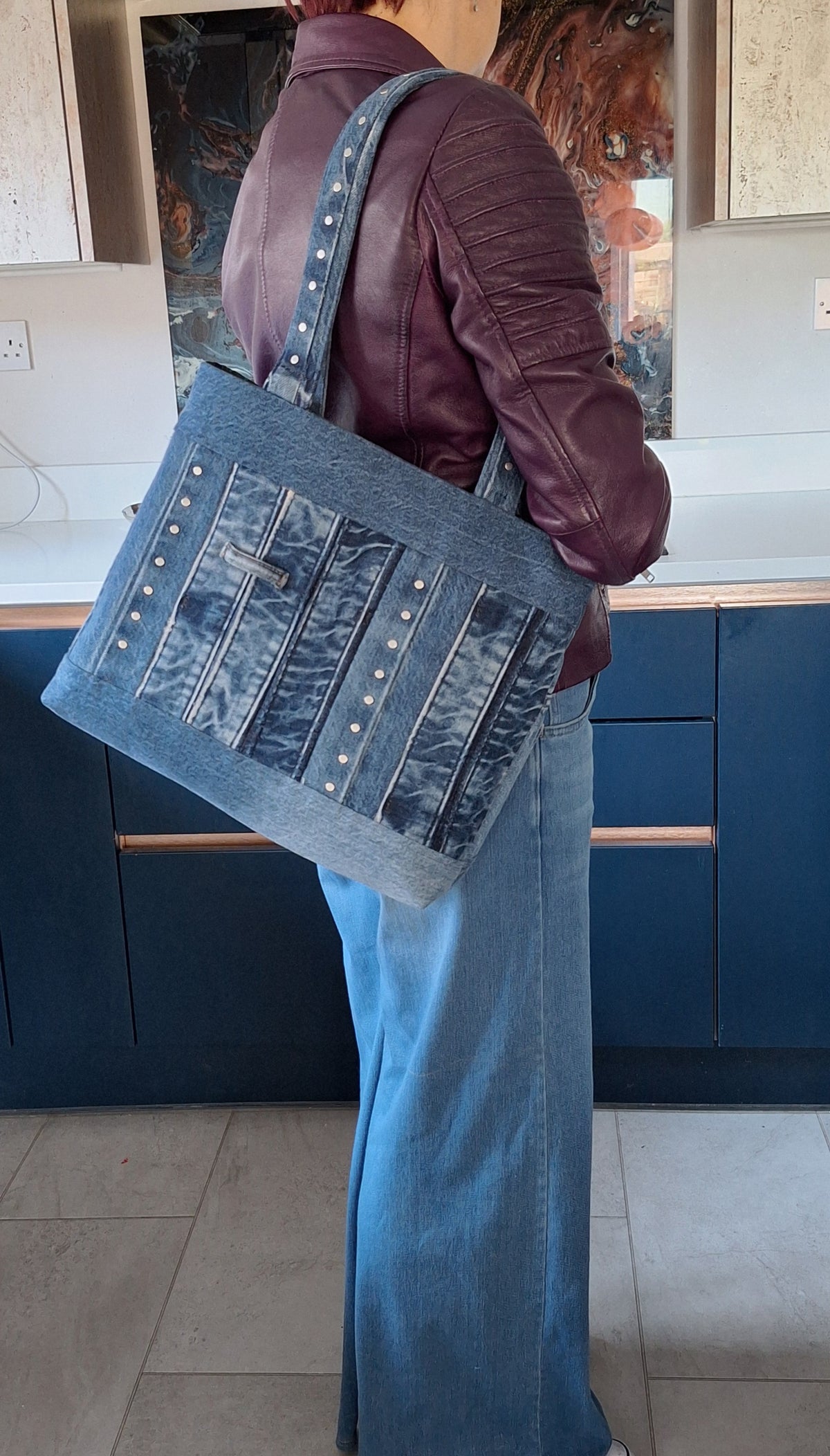 The Classic Tote: Blue with studs & peacock lining