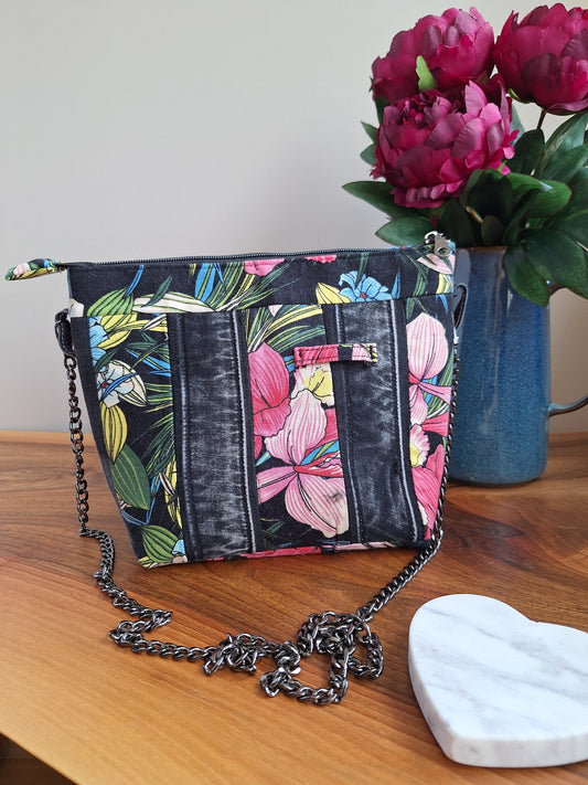 The Chain Strap: black & pink floral