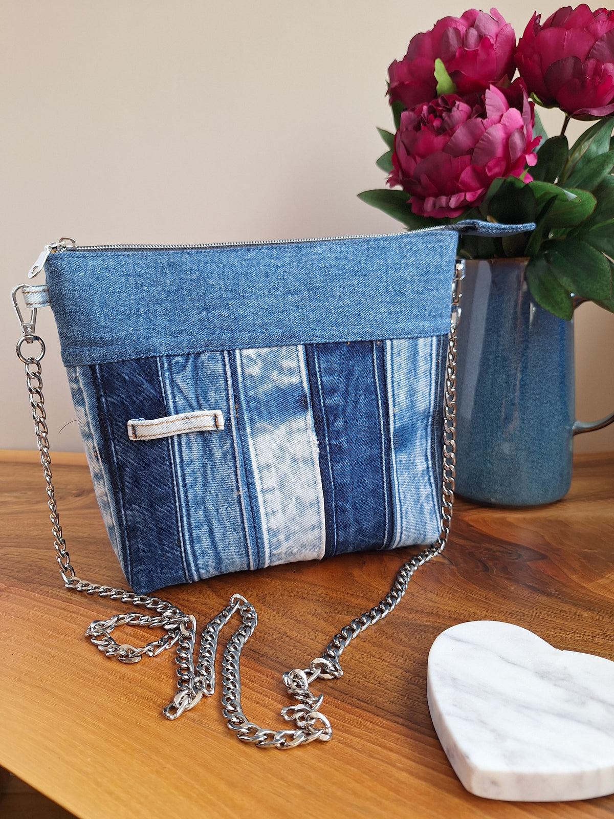The Chain Strap: blue denim with yellow floral lining