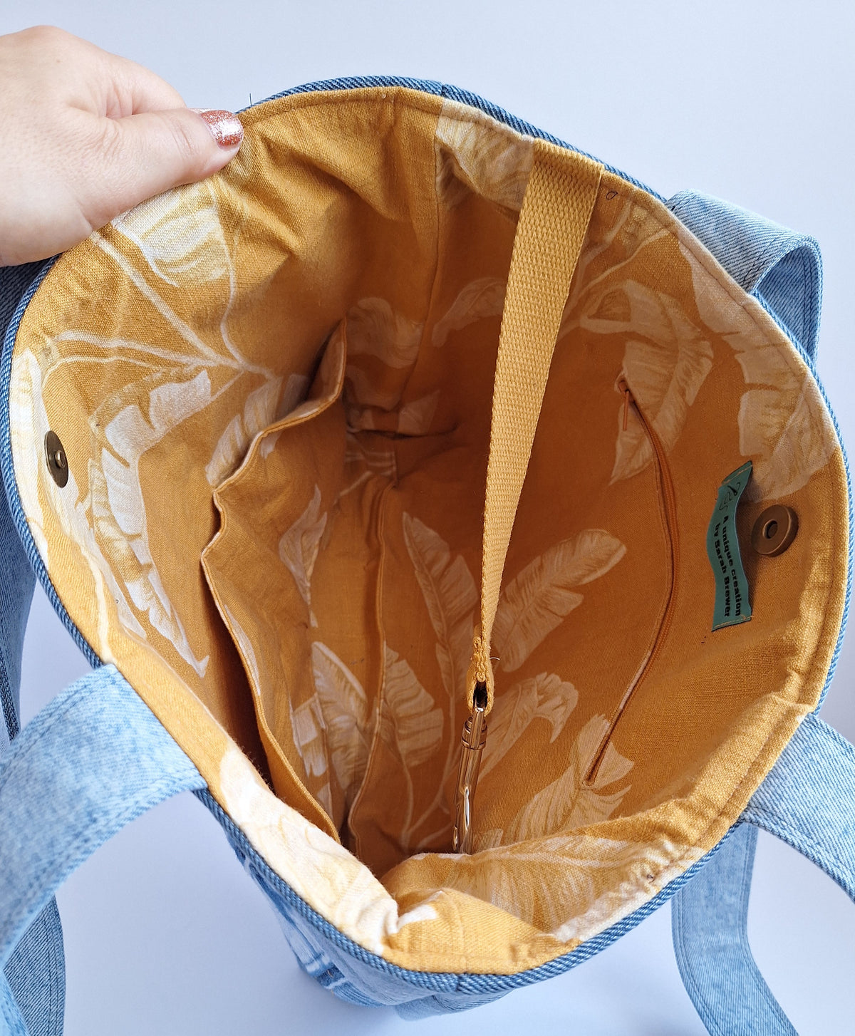 The Classic Tote: Blues with mustard botanical lining