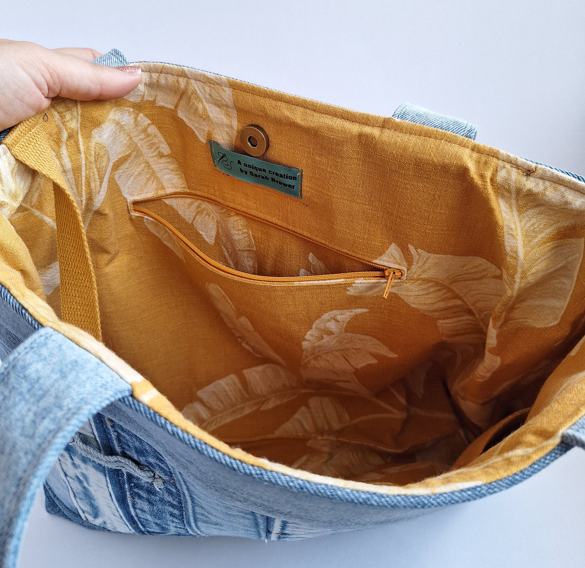 The Classic Tote: Blues with mustard botanical lining