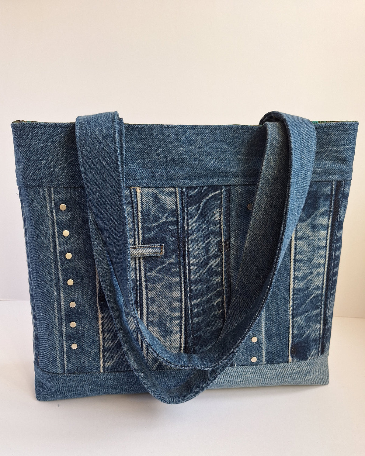 The Classic Tote: Blue with studs & peacock lining