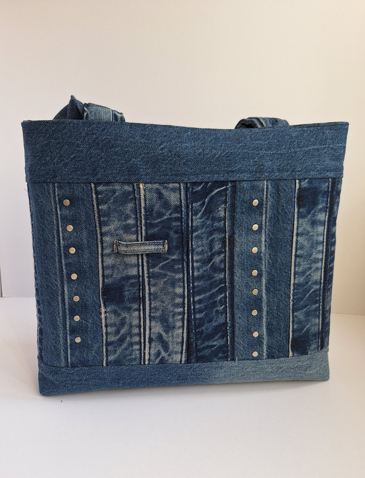The Classic Tote: Blue with studs & peacock lining