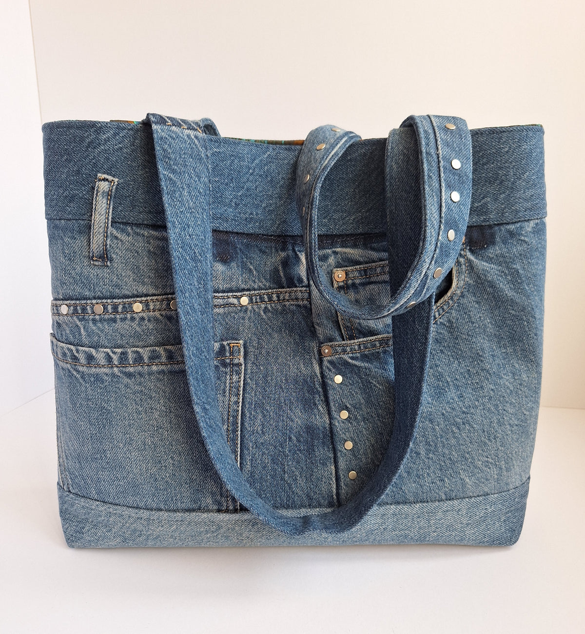 The Classic Tote: Blue with studs & peacock lining