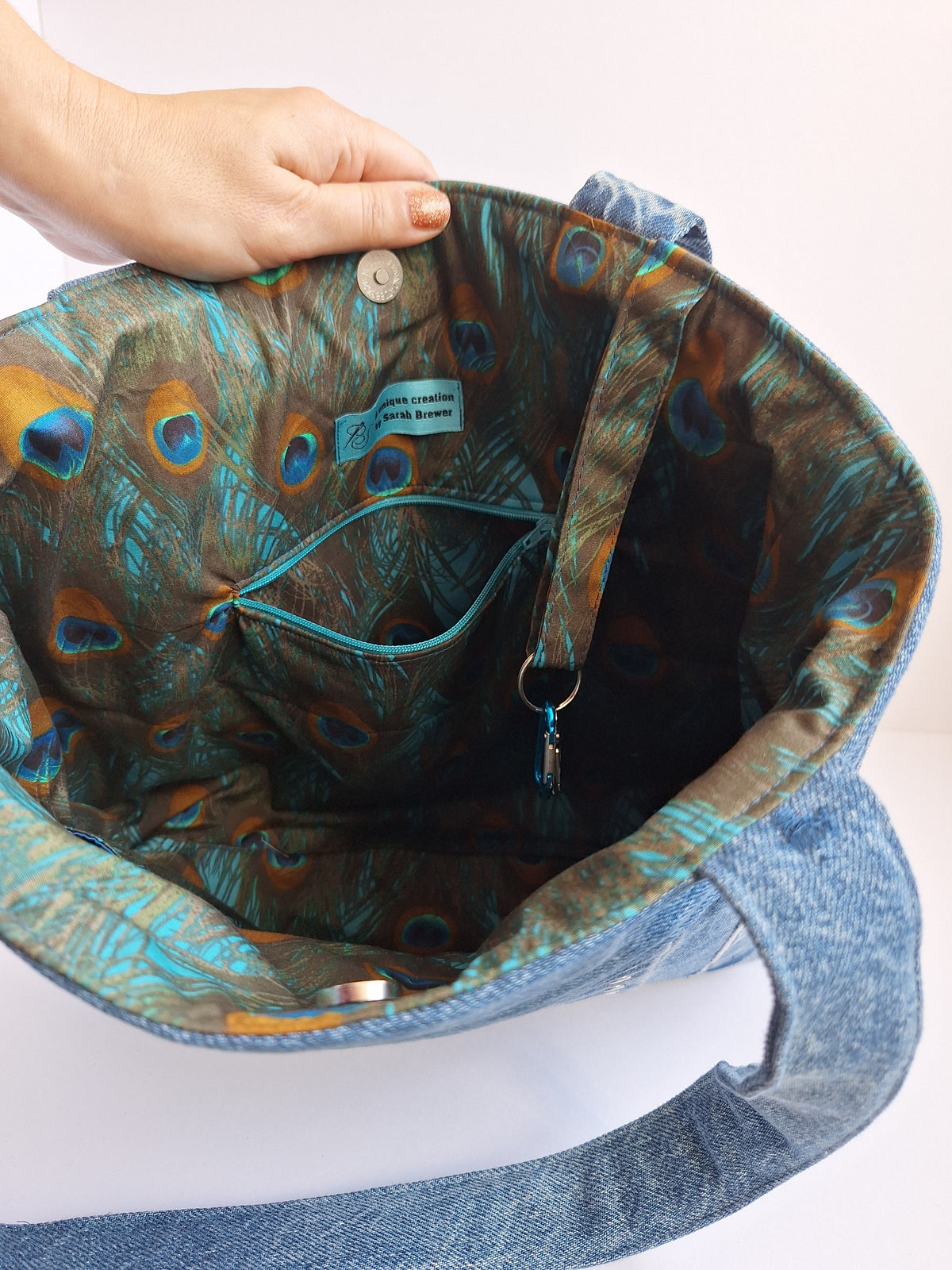 The Classic Tote: Blue with studs & peacock lining