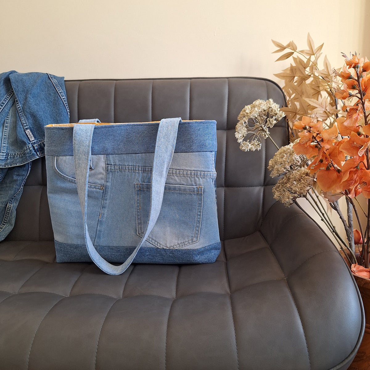 The Classic Tote: Blues with mustard botanical lining