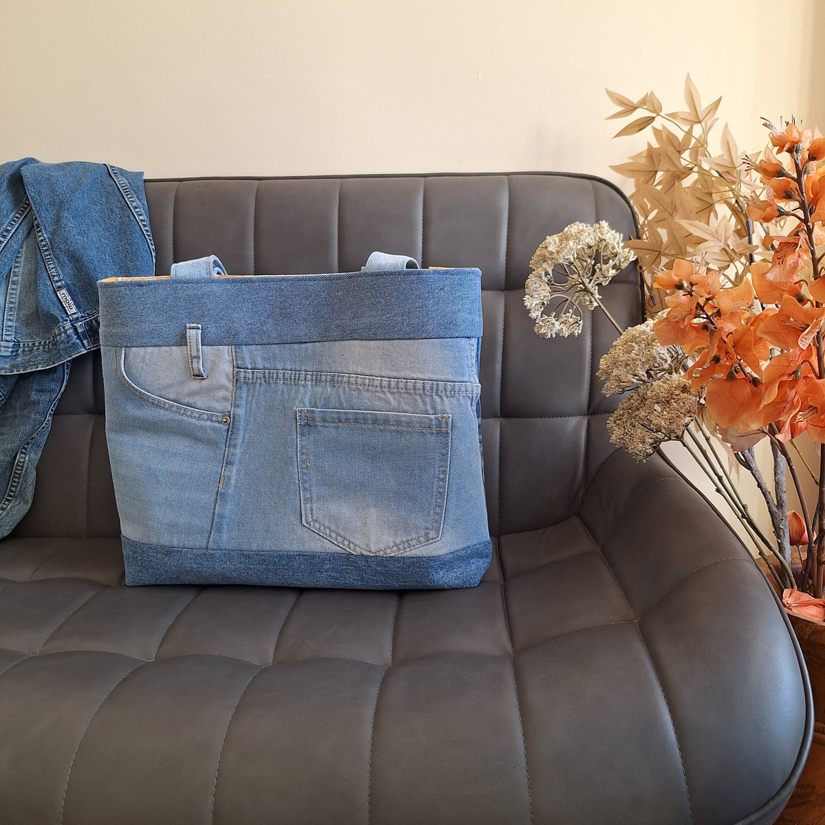 The Classic Tote: Blues with mustard botanical lining