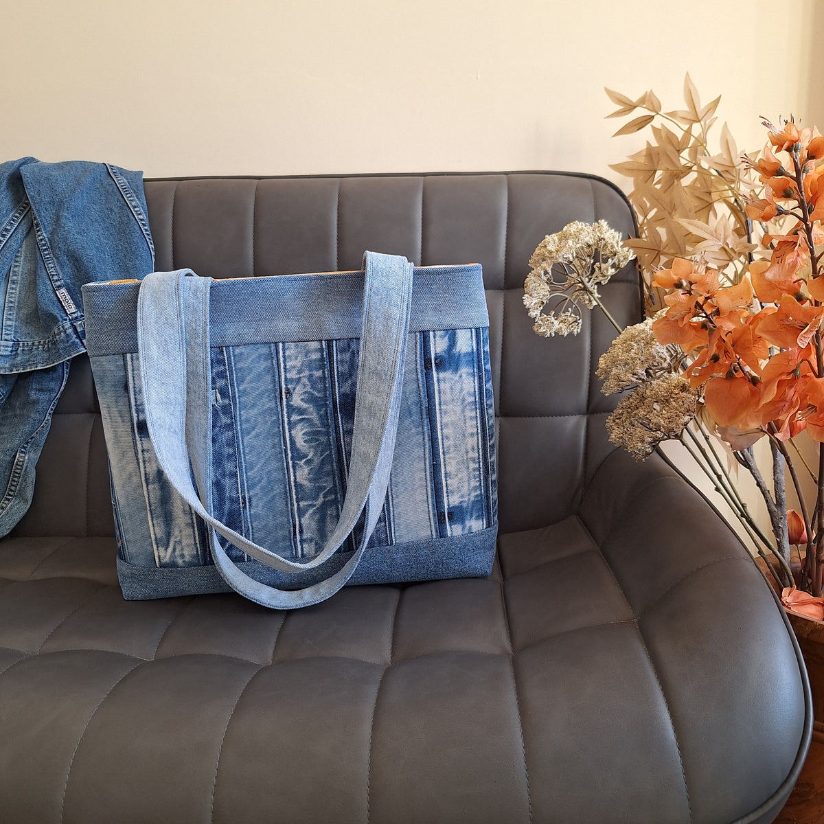 The Classic Tote: Blues with mustard botanical lining