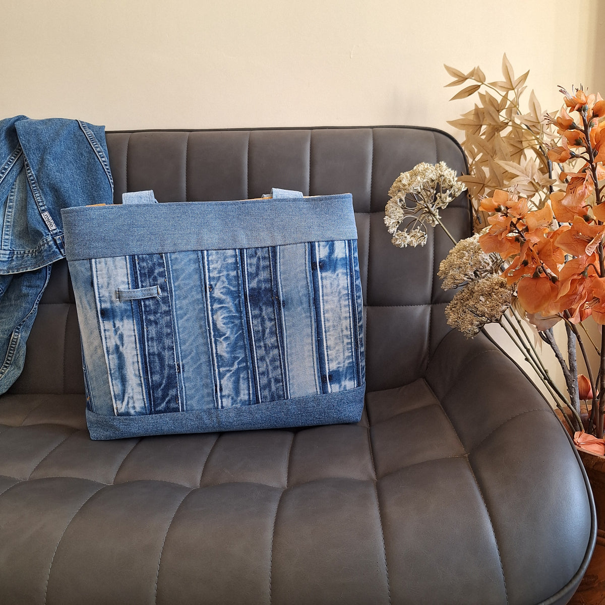 The Classic Tote: Blues with mustard botanical lining